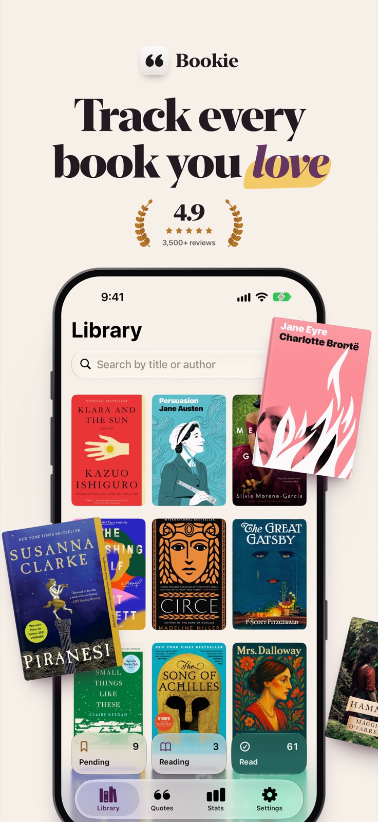 Track every book you love: the Bookie library with a grid of book covers, rated 4.9 stars.