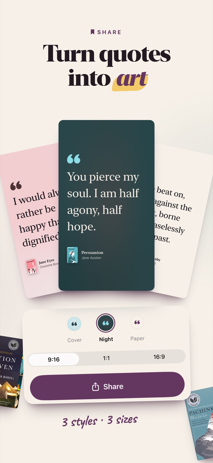 Turn quotes into art: quote cards in three styles and three sizes.