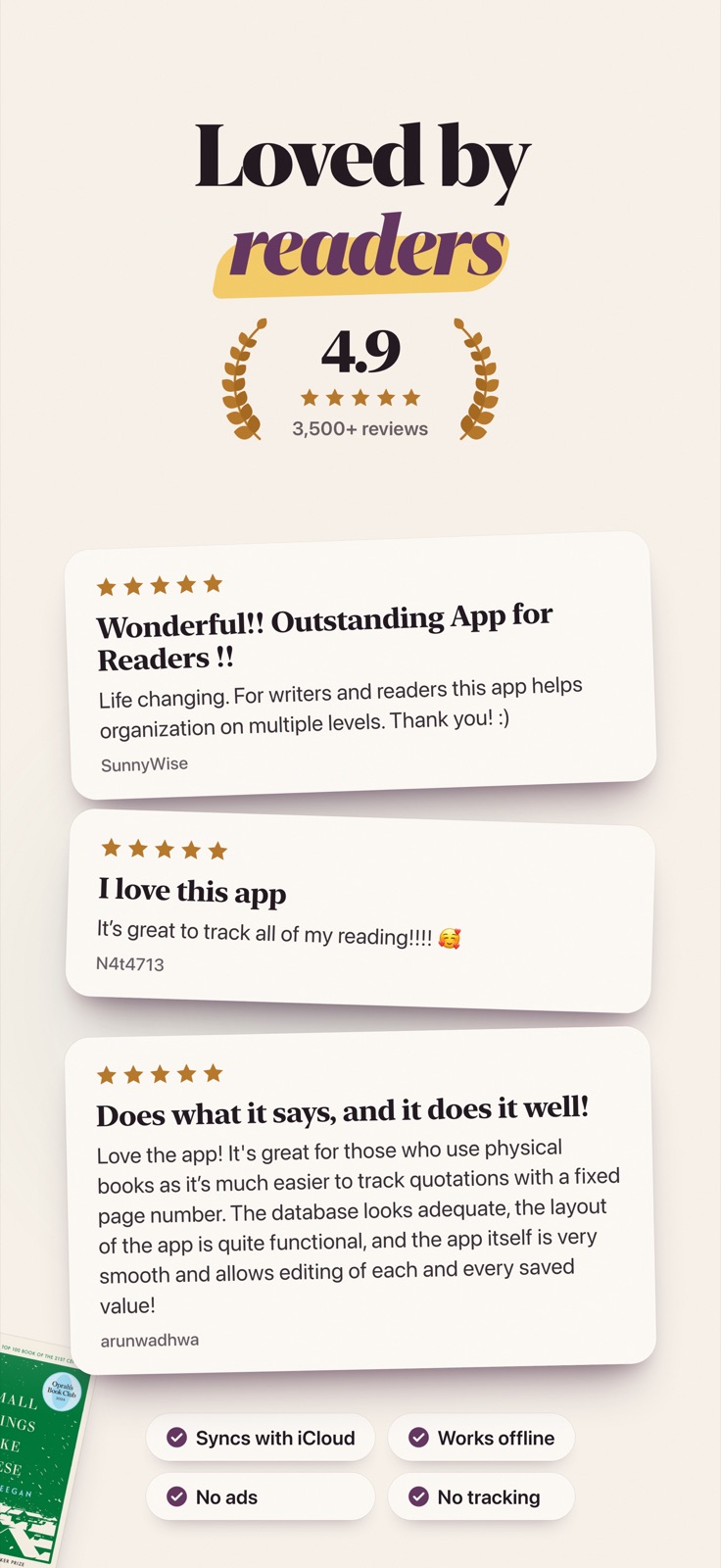 Loved by readers: App Store reviews and a 4.9 star rating.